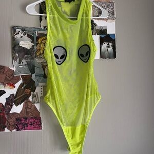 SOLD-Dolls Kill Neon Yellow Mesh Bodysuit with Alien Design